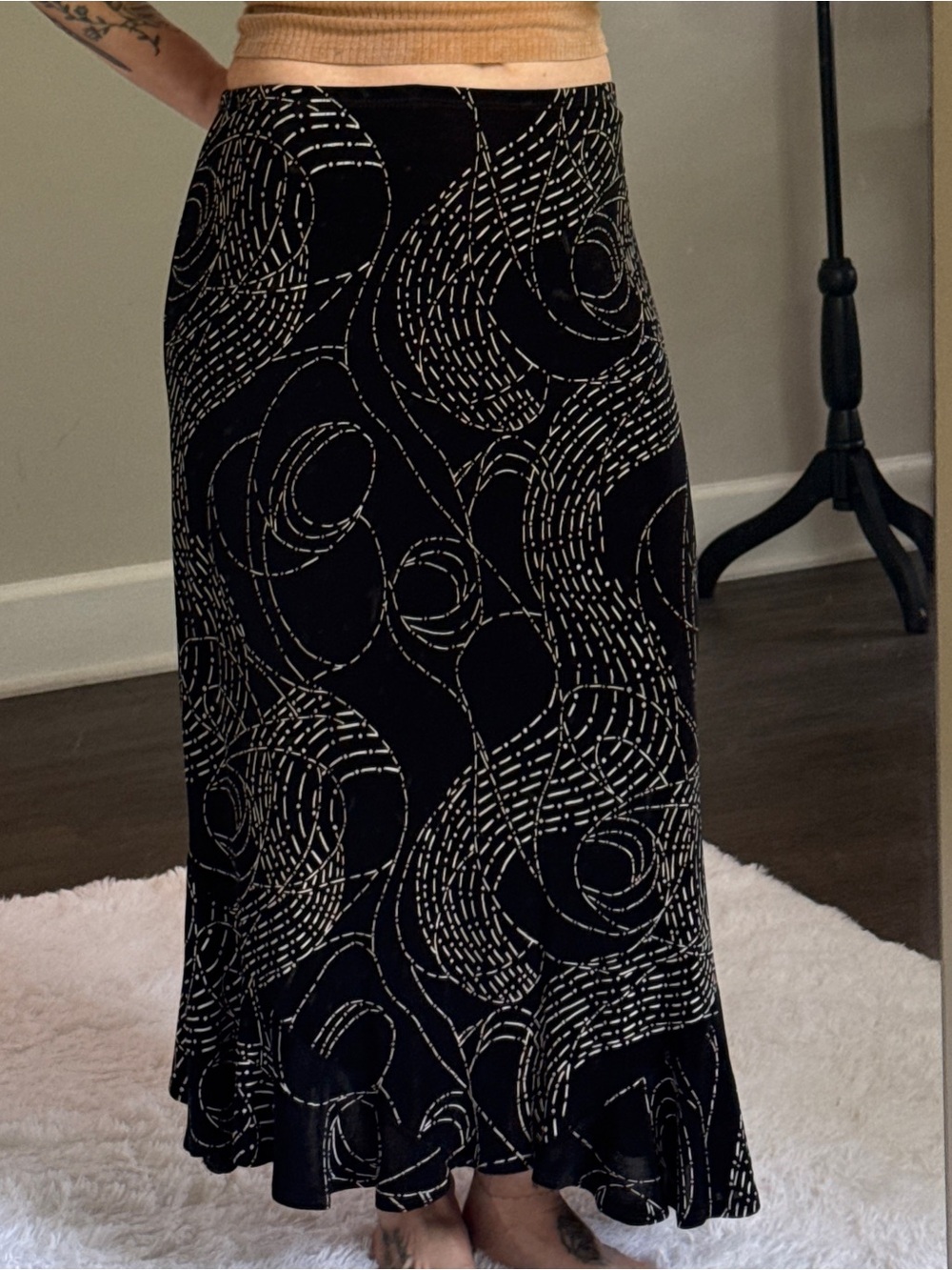 Choices Black Maxi Skirt with Cream Swirl Pattern